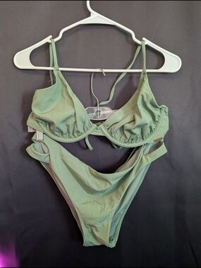 My Bikini Story Ribbed Underwire Bikini Set in Sage Green Two Piece Brand New